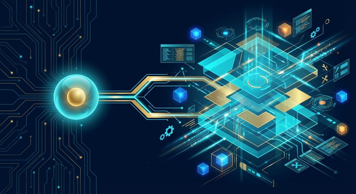 Context Engineering vs Prompt Engineering: シンプルなプロンプトノードから複雑なマルチレイヤーコンテキストアーキテクチャへの進化を表す抽象的技術概念図