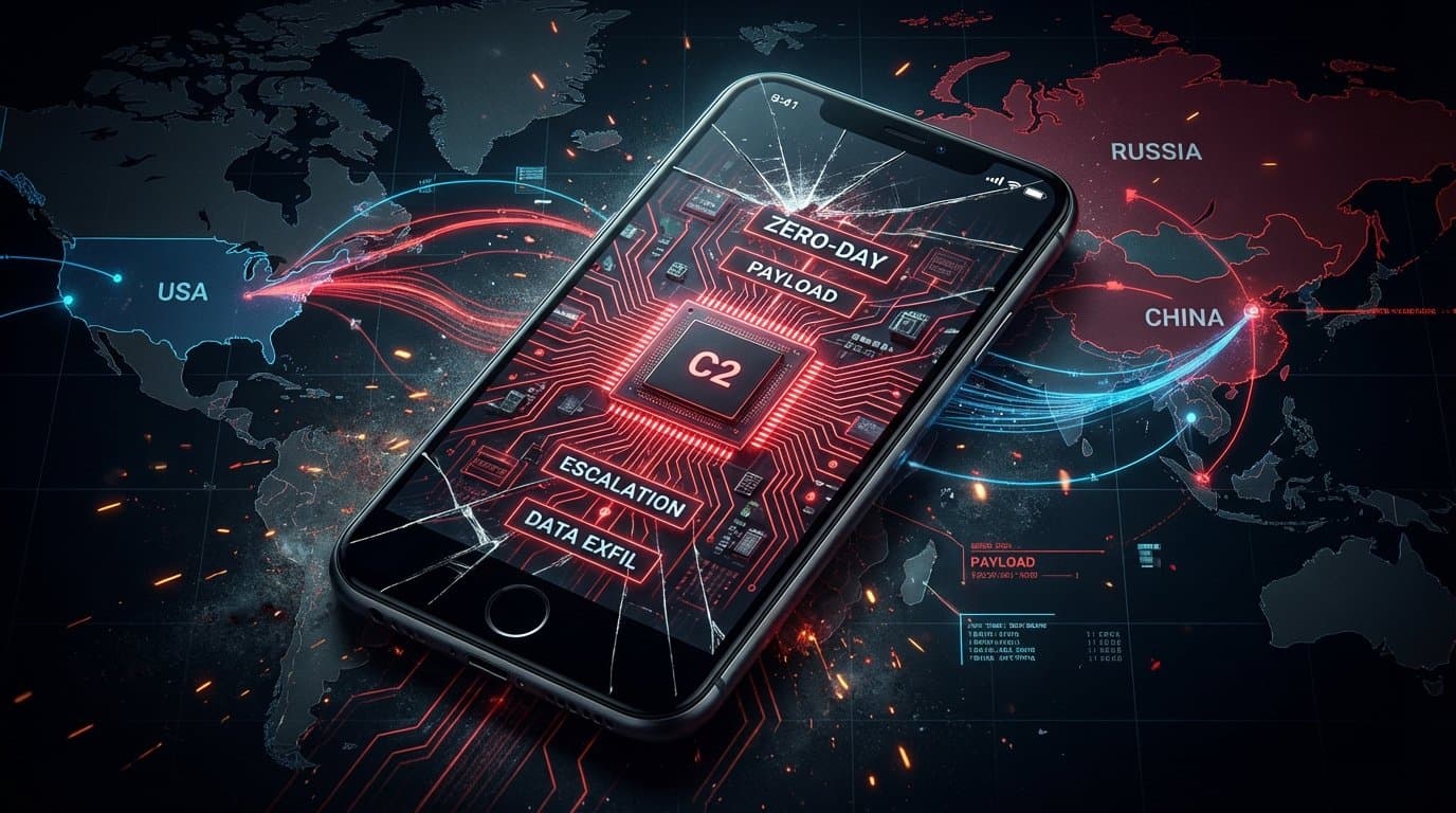 Coruna iOS Exploit Kit: 破壊されたiPhone画面の下にゼロデイ・エクスプロイトチェーンの回路パターンが光り、背景にはUSA・Russia・China間の地政学的データフローが描かれたサイバーセキュリティ概念図