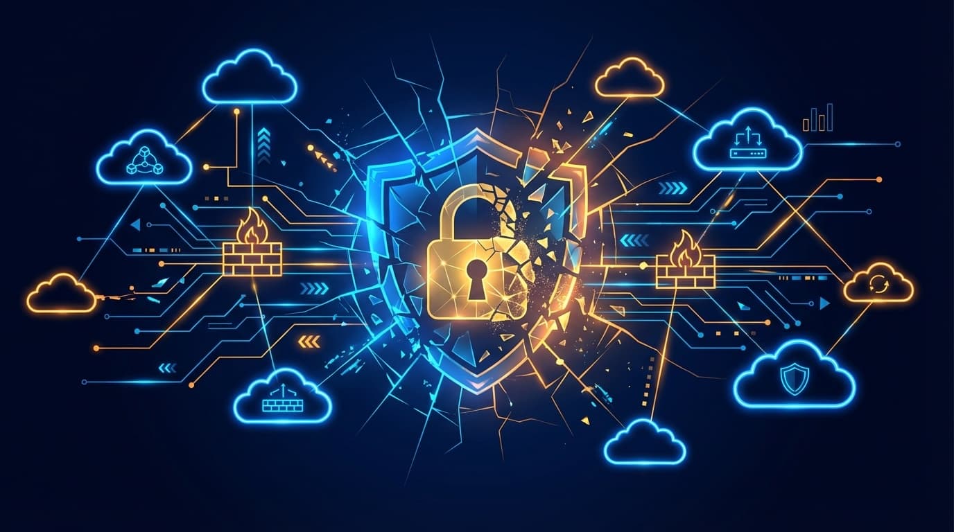 FortiCloud SSO認証バイパス脆弱性を象徴する、破壊されたシールドとクラウドネットワークの抽象的イラスト