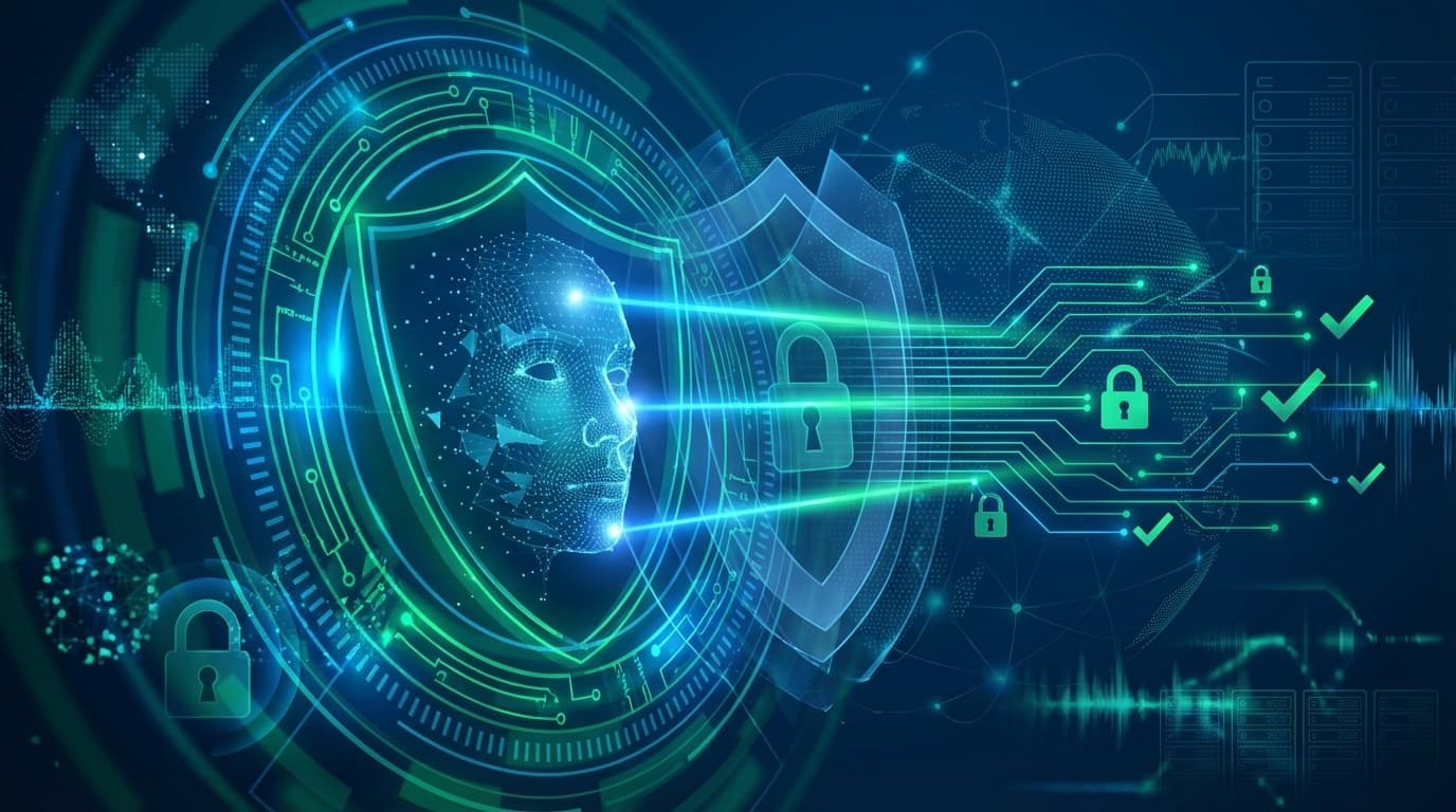 ディープフェイク検出と生体認証セキュリティの概念図