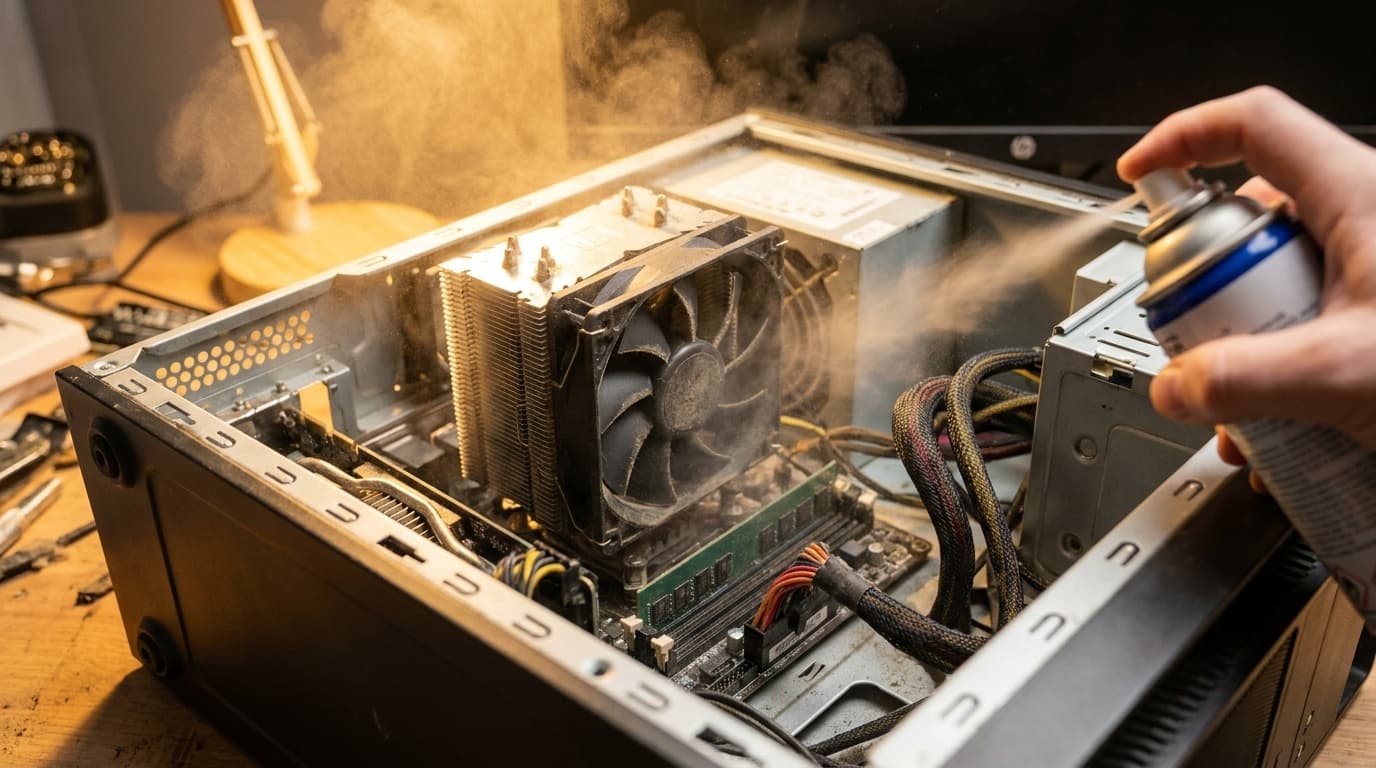 デスクトップPCの内部をエアダスターでホコリ掃除している様子