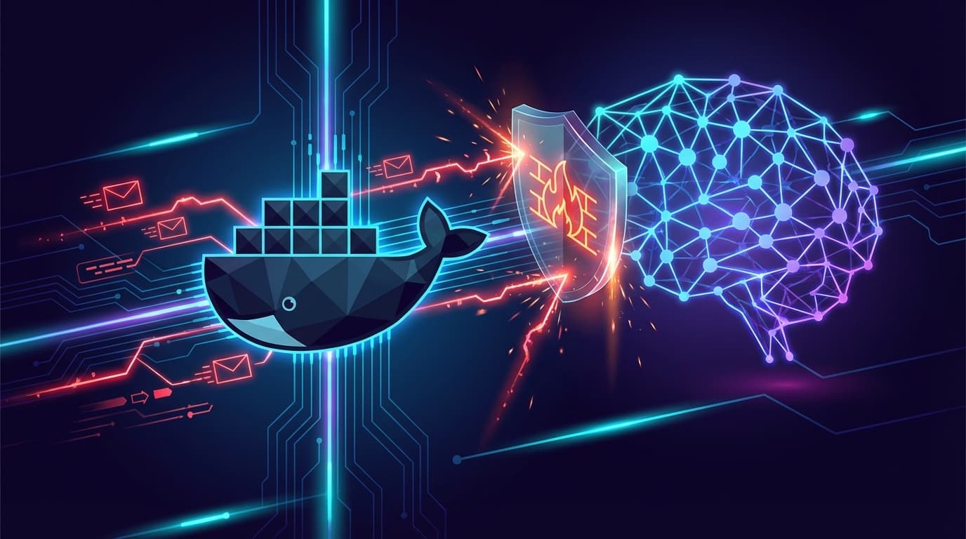 DockerコンテナからAIニューラルネットワークへ悪意あるデータが流れ込む概念図。サイバーセキュリティとサプライチェーン攻撃を象徴するイラスト