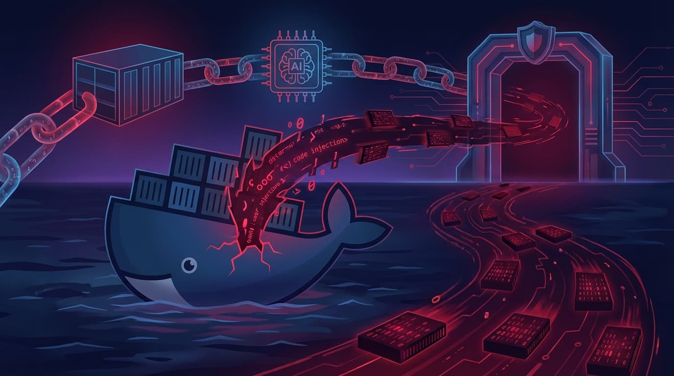 DockerDash脆弱性を概念的に表現したイラスト。Docker鯨のロゴにコードインジェクションが侵入し、AIチップとゲートウェイを経由してデータが流出する様子