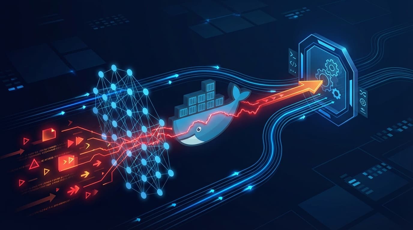 DockerDash脆弱性の概念図:Dockerコンテナのメタデータからニューラルネットワーク層を経由してツール実行ゲートウェイに至る攻撃パイプライン