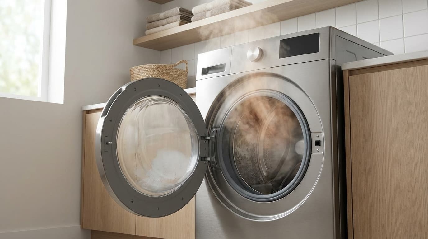 ドラム式洗濯機のドアが開いた状態で蒸気が立ち上る様子