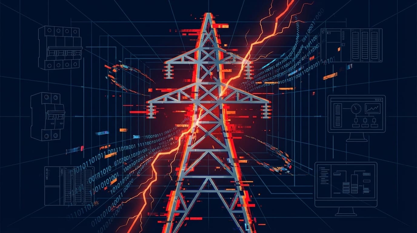 サイバー攻撃を受ける電力送電塔のイラスト。デジタルグリッチとバイナリコードに囲まれた送電インフラとSCADAシステムの概念図