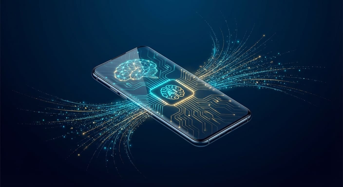 スマートフォン上でローカルAI推論を行うエッジLLMの概念図 ── ニューラルネットワークパターンとデータ粒子がデバイスから放射される