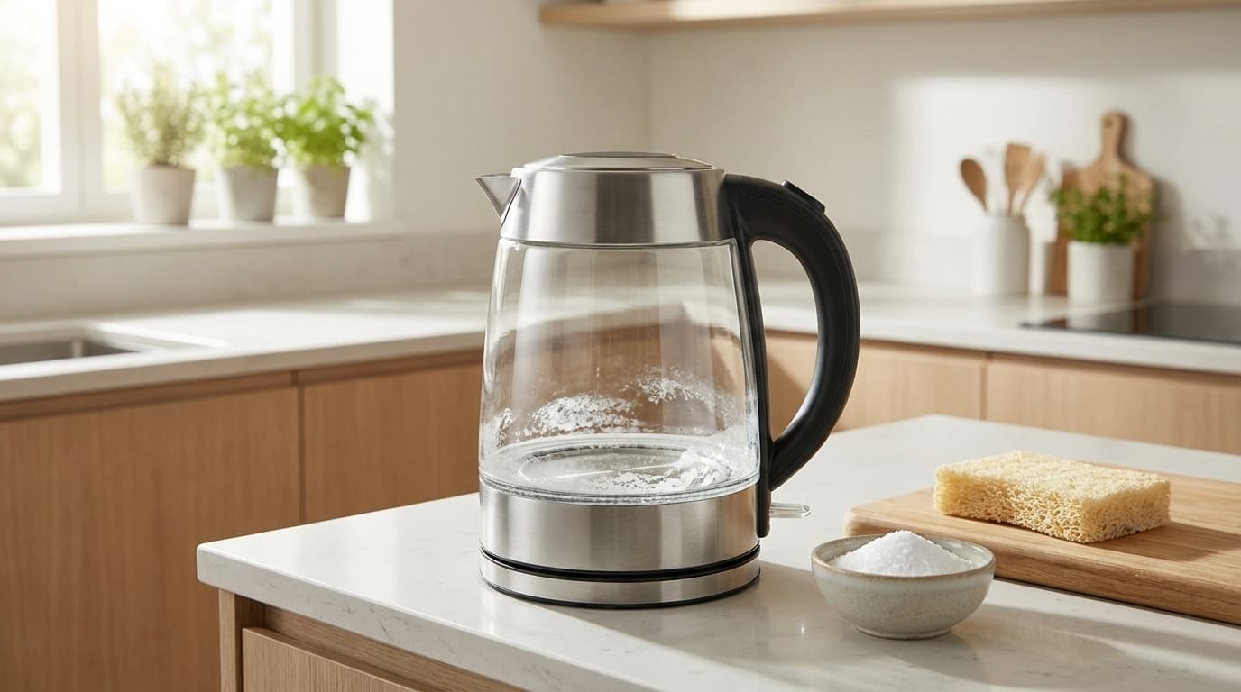 電気ケトルの白い汚れとクエン酸で掃除する様子