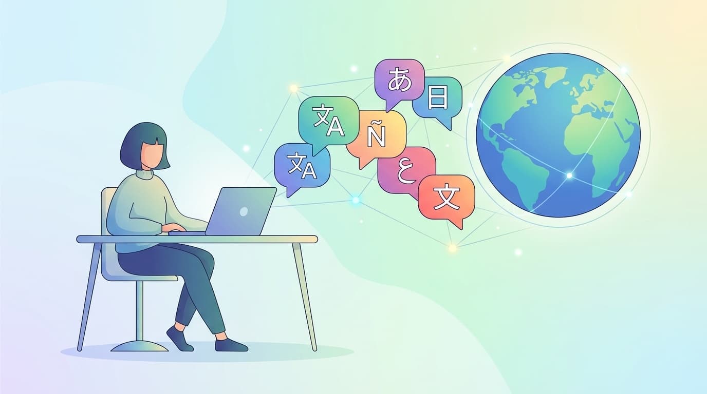 英語ができない人がAI翻訳ツールを使って海外の人とメールでやり取りしているイラスト