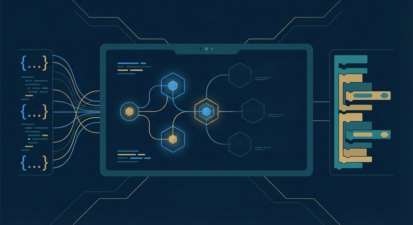 エンタープライズAIエージェントプラットフォーム選定 — コードファーストとノーコードの対比を表すダッシュボードとノード接続のイラスト