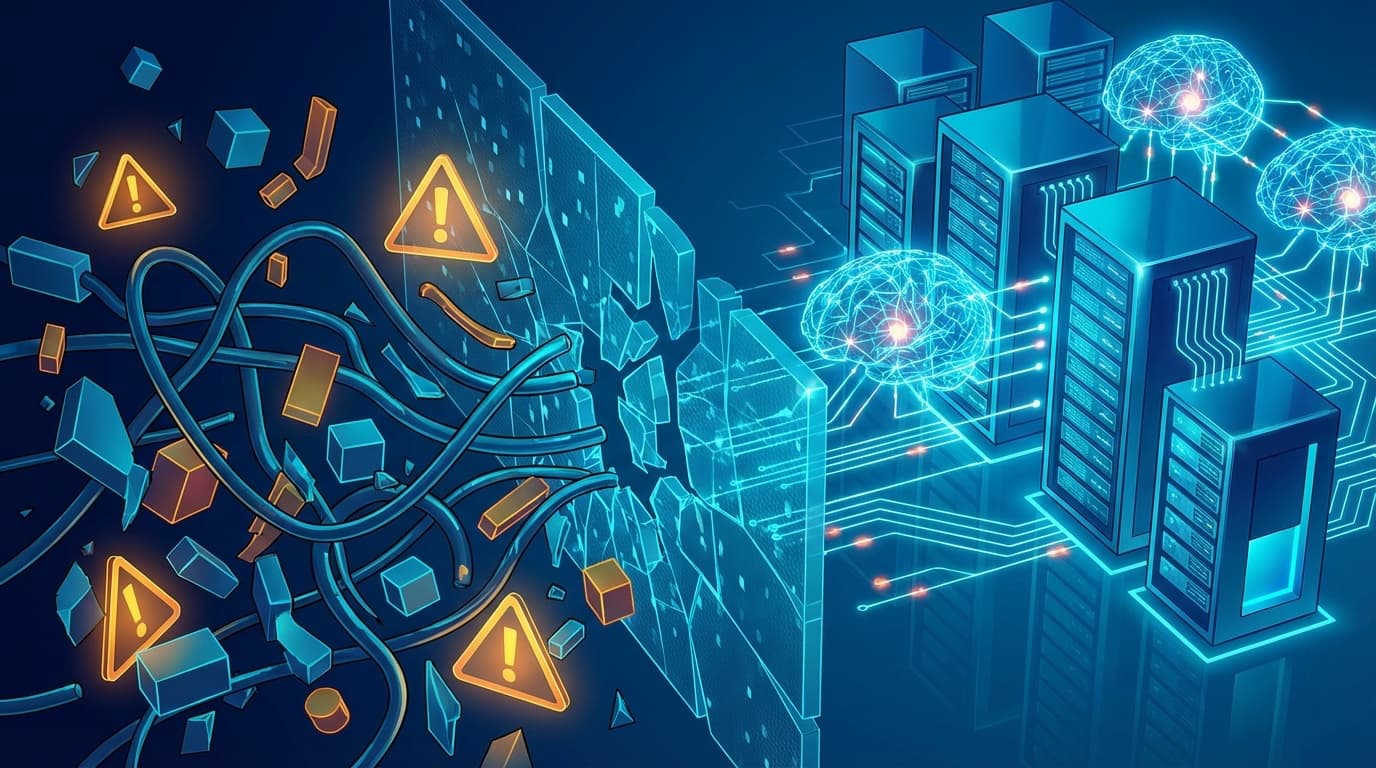 AI基盤投資とデータ未整備の対比を表す抽象的なイラスト。整然としたサーバーとニューラルネットワークの横で、断片化したデータパイプラインが絡み合う様子