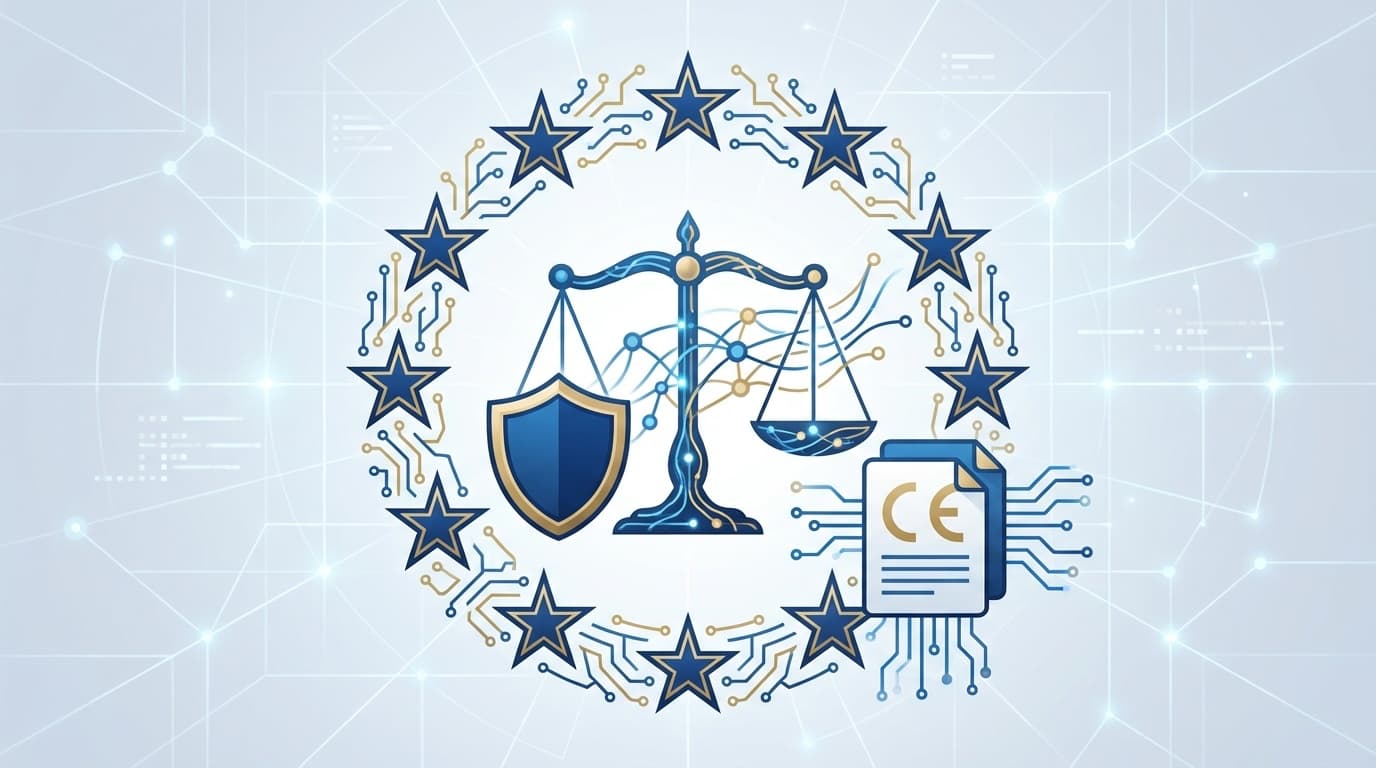 EU AI Act高リスクAI規制──EU旗の星をモチーフにした回路パターン、天秤とニューラルネットワーク、CEマーキング文書を配した法規制コンプライアンスの概念図