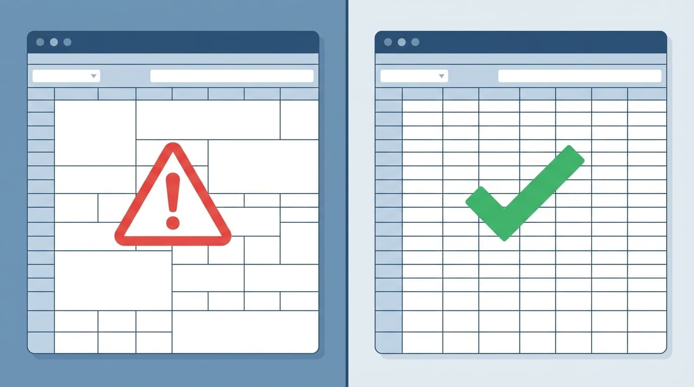 Excelのセル結合トラブルと解決策を表すイラスト