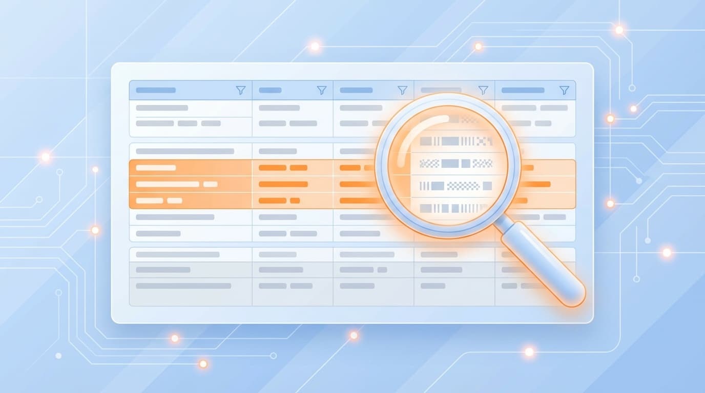Excelのフィルターが効かない問題を表すスプレッドシートと虫眼鏡のイラスト