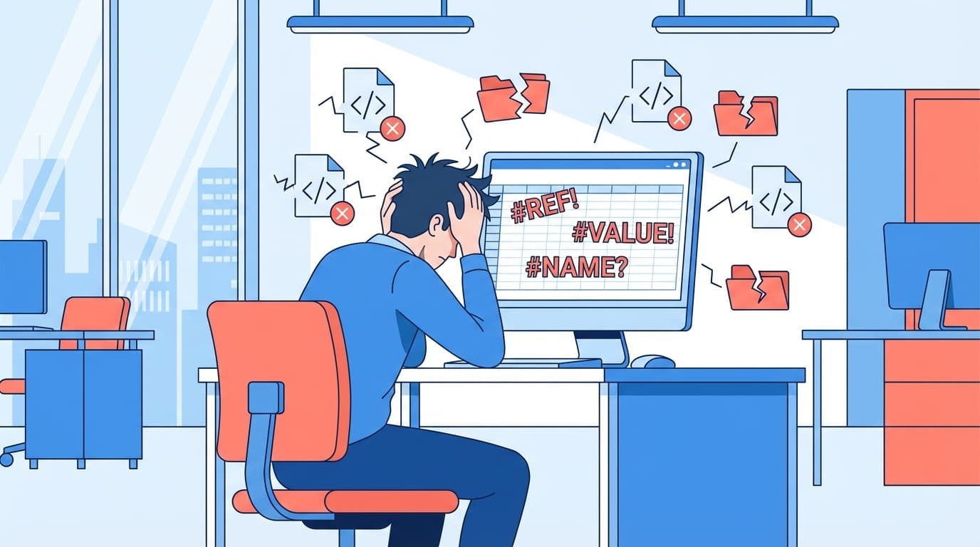 Excelマクロのパスエラーに困るオフィスワーカーのイラスト