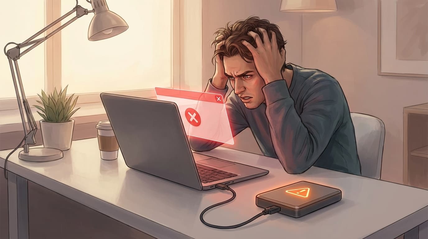 外付けHDD・SSDが認識されずエラーが表示されたパソコンの画面と机の上の外付けドライブ