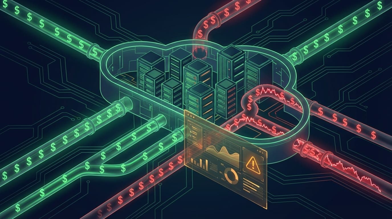 クラウドコスト最適化とFinOpsを象徴するインフラとダッシュボードのデジタルイラスト