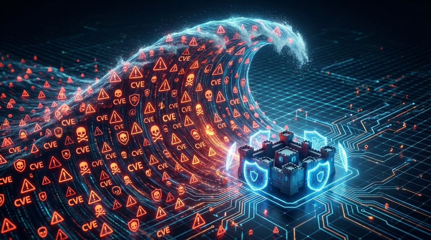 CVE脆弱性の津波がセキュリティチームの要塞を襲う概念図──年間59,000件時代の脆弱性管理を象徴するイメージ