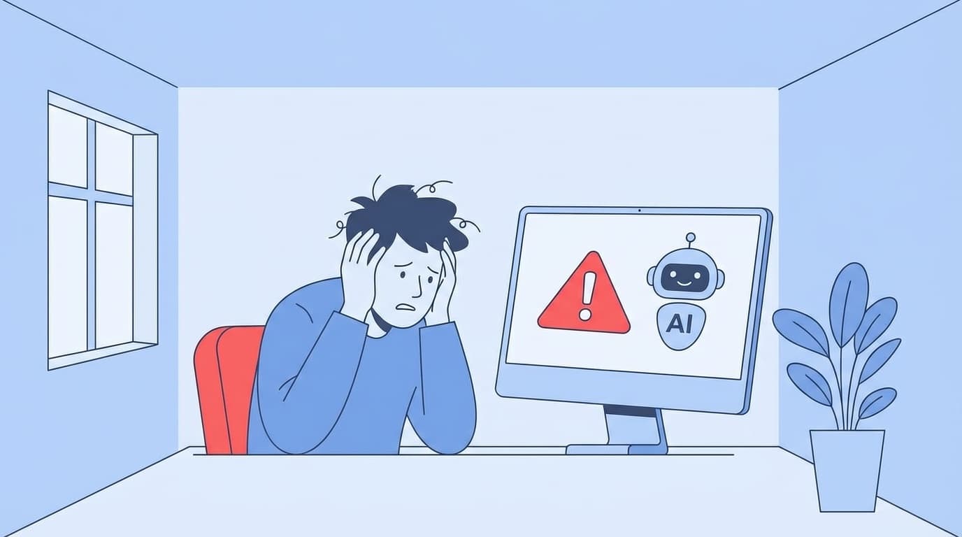 AIチャットボットがエラーを表示しているパソコン画面と困惑する人のイラスト