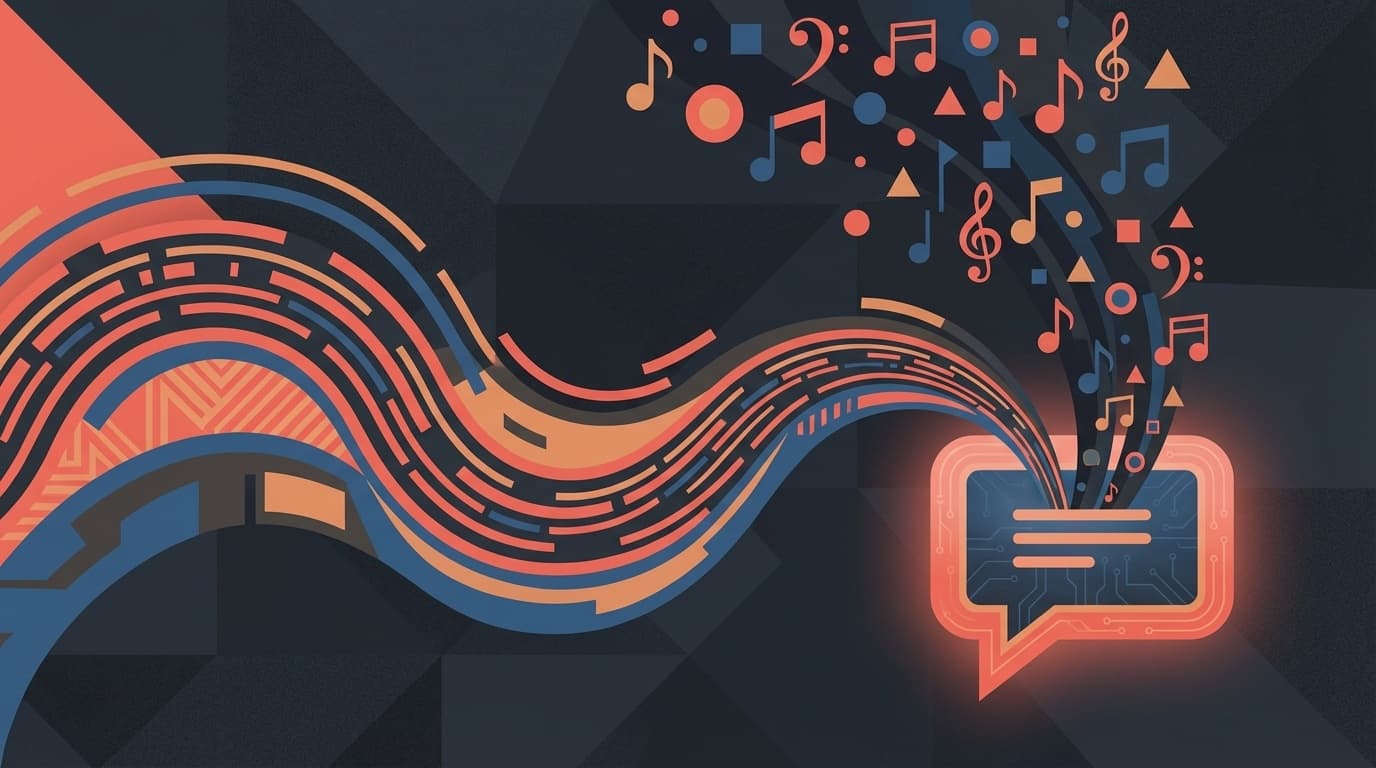 AI音楽生成のイメージ:チャット画面から音符が流れ出すイラスト
