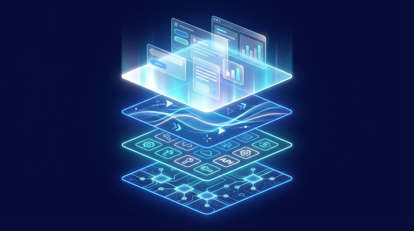 Generative UIプロトコルスタックの4層アーキテクチャを示す概念図:エージェント間協調、ツールアクセス、ランタイム通信、UI仕様の各層が積層された構造