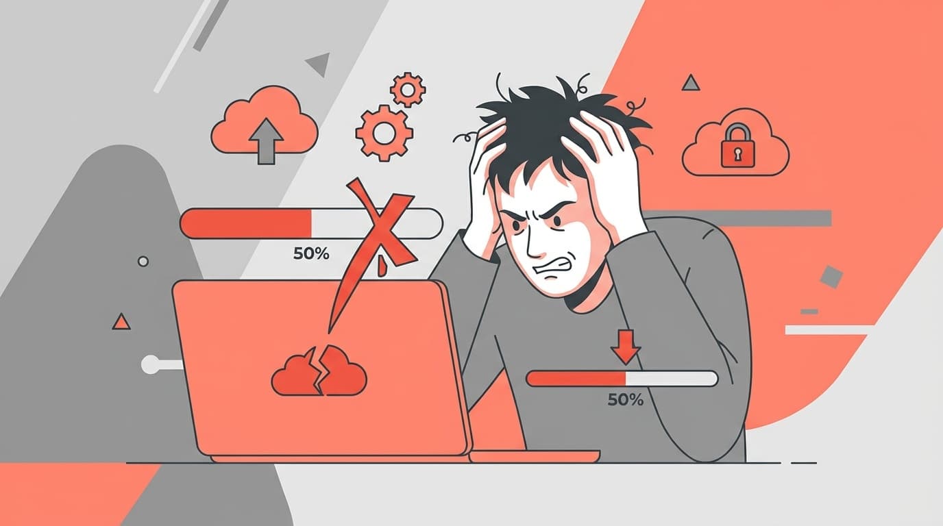 ギガファイル便でアップロードエラーが出て困っている人のイラスト