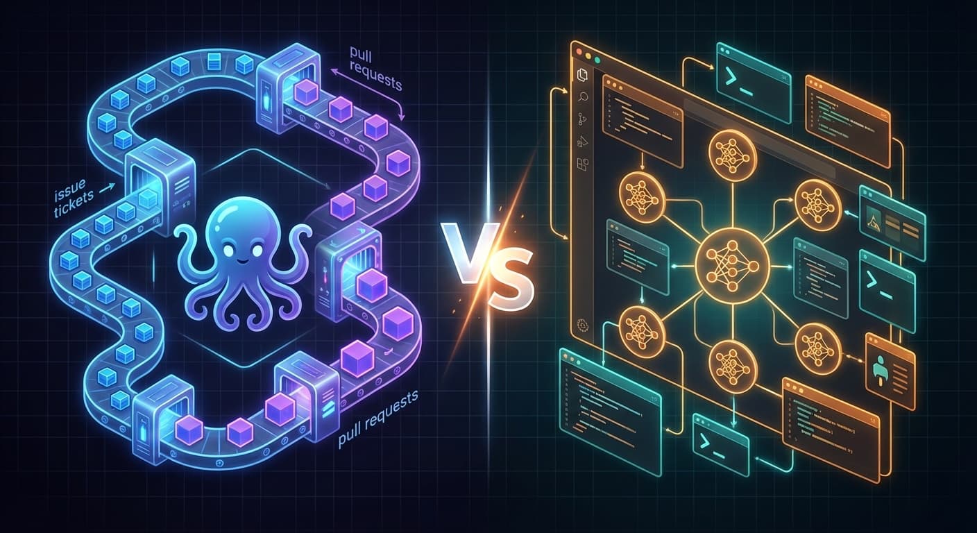 GitHub Copilot Workspace vs Cursor Agent Mode比較 ── Issue→PR自動化パイプラインとマルチモデルAIエージェント統合の概念図