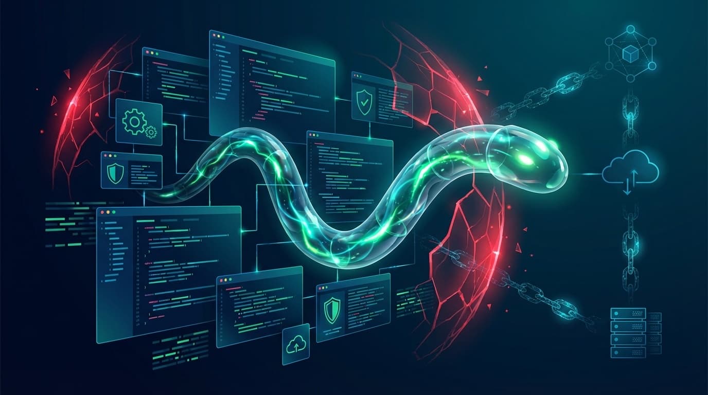 GlassWormマルウェアがIDE拡張エコシステムを侵食する様子を表した概念図──透明なワームがコードエディタウィンドウとブロックチェーンノードの間を這い回る