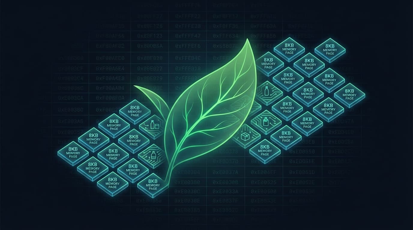 緑茶の葉から8KBメモリページブロックが流れ出す概念図──Go Green Tea GCのページ単位マーキングを象徴
