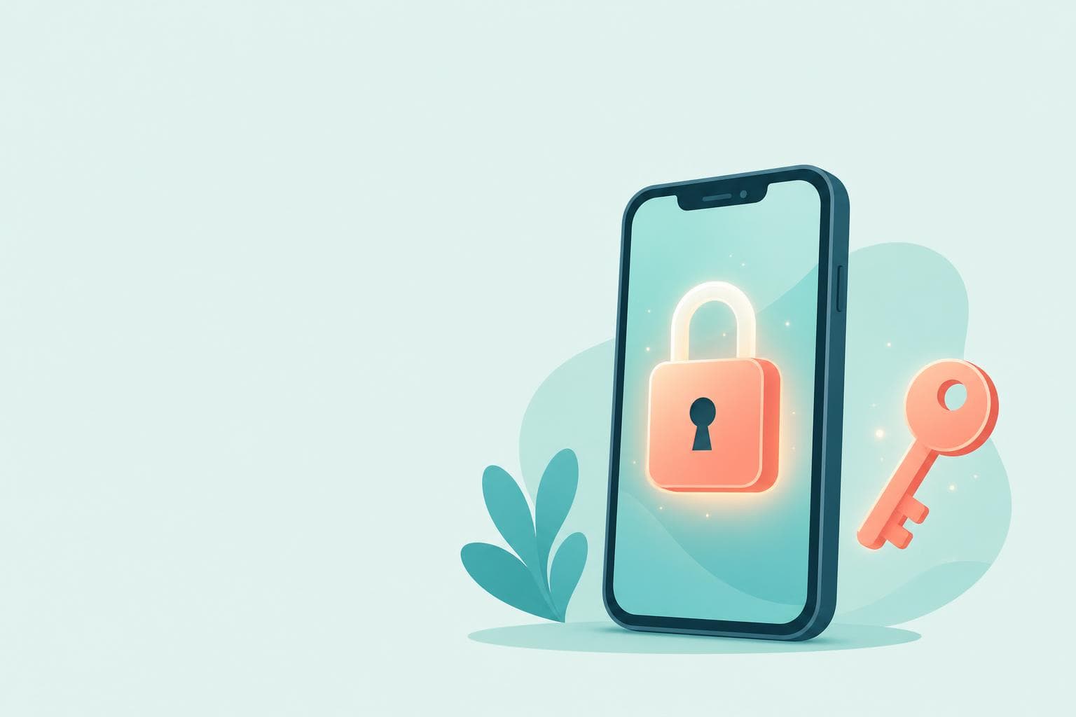 スマホの横に浮かぶ南京錠と鍵のイラスト(Googleパスワードマネージャーの本人確認と自動入力)