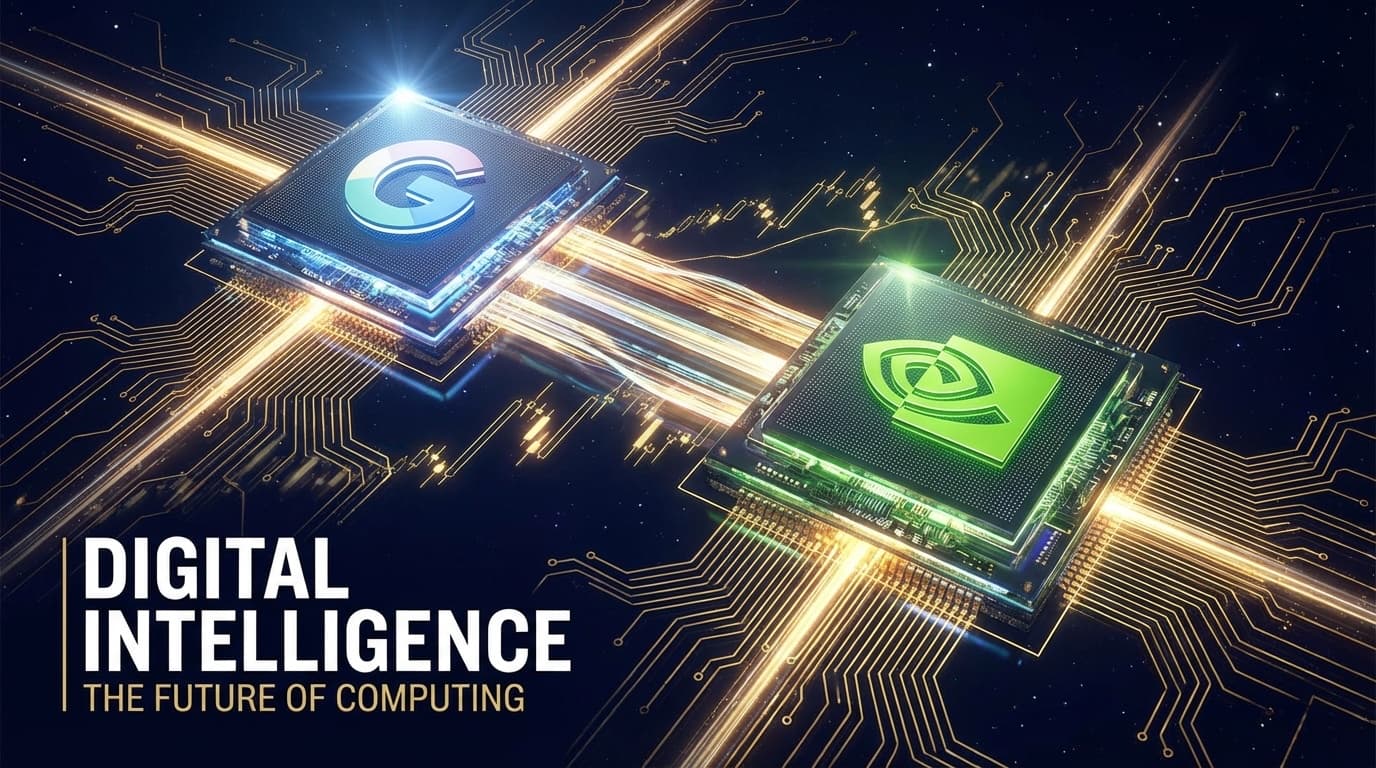 Google TPUとNVIDIA GPUが宇宙空間で対峙するAIチップ市場競争の概念図