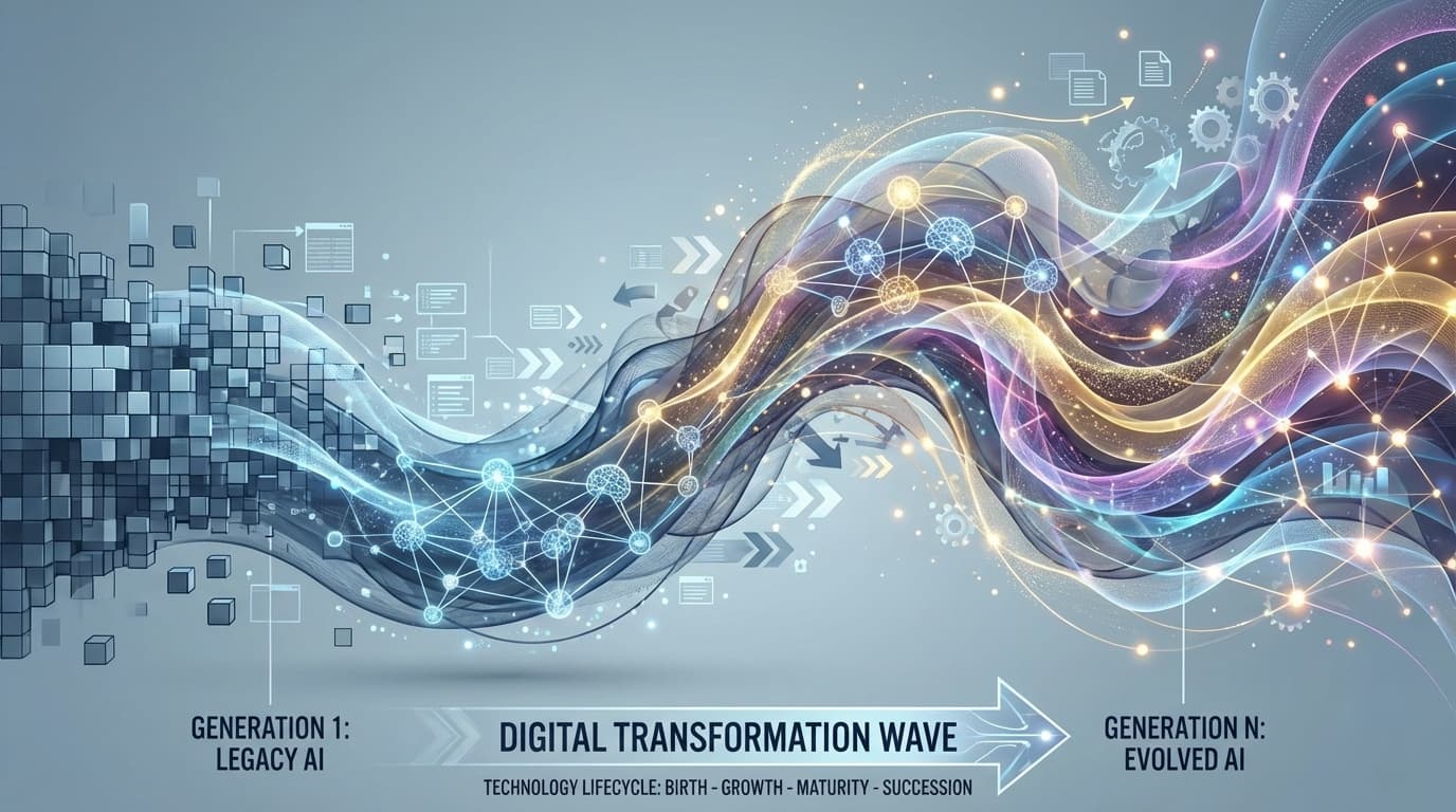 GPT-4oの退場とLLM世代交代を表す抽象的なAIモデル進化のビジュアライゼーション