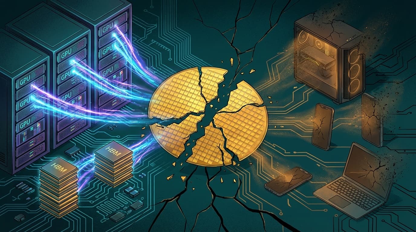 AIデータセンターのGPUサーバーとコンシューマデバイスが、中央で割れるDRAMウェハを奪い合う構図のイラスト。HBMメモリ危機とGPU供給逼迫を表現