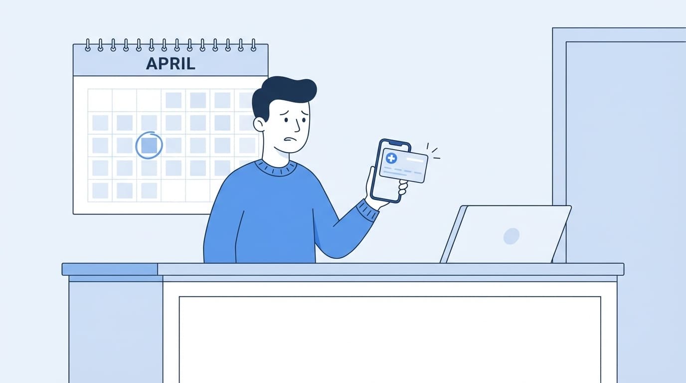 転職後に保険証が届かない期間に病院の受付で困っている人のイラスト