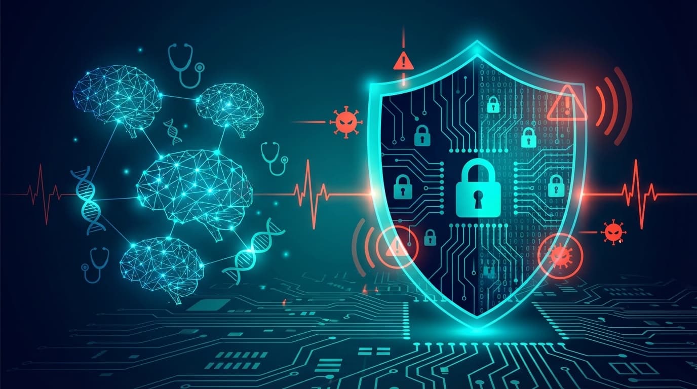 医療AIとサイバーセキュリティの概念図:デジタルシールドがAI脳ネットワークとDNA螺旋を保護し、サイバー脅威を示す警告アイコンが配置されたイラスト