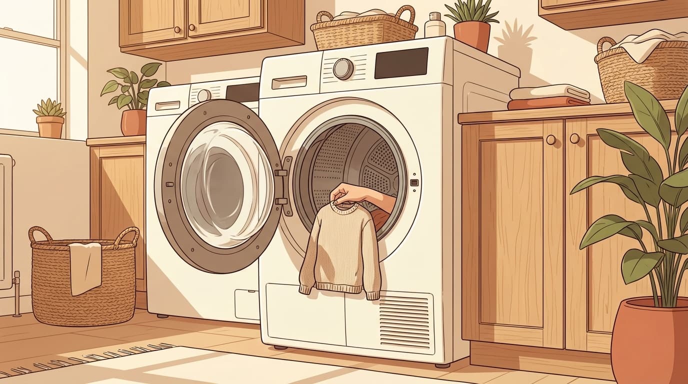 ヒートテックが乾燥機で縮むイメージ — 洗濯機と小さくなったシャツ