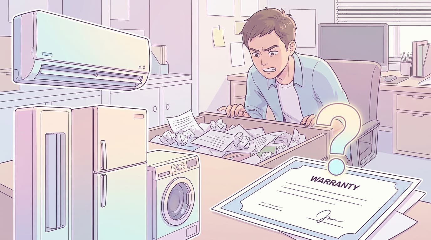 家電の保証書を探す人と家電製品のイラスト