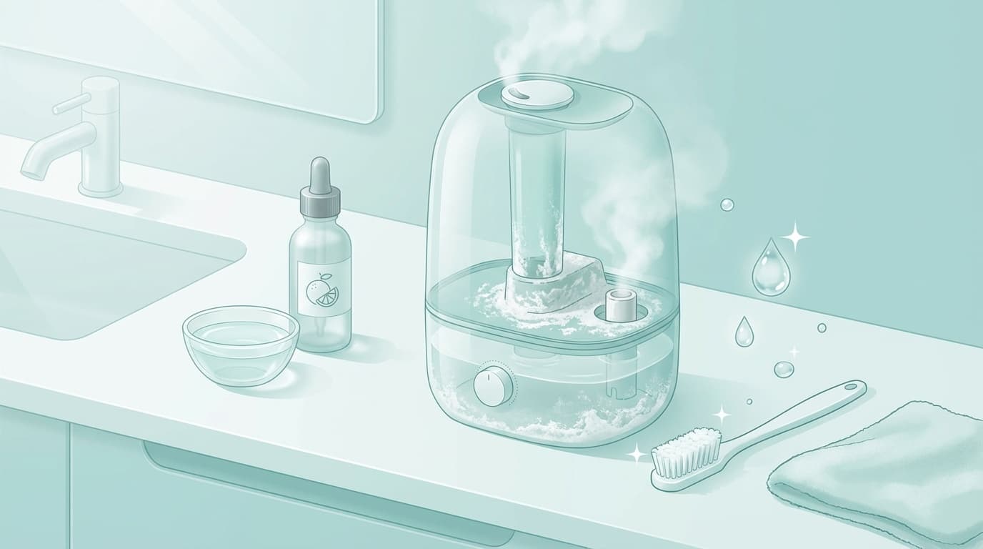 加湿器のカルキ汚れをクエン酸で掃除するイメージイラスト