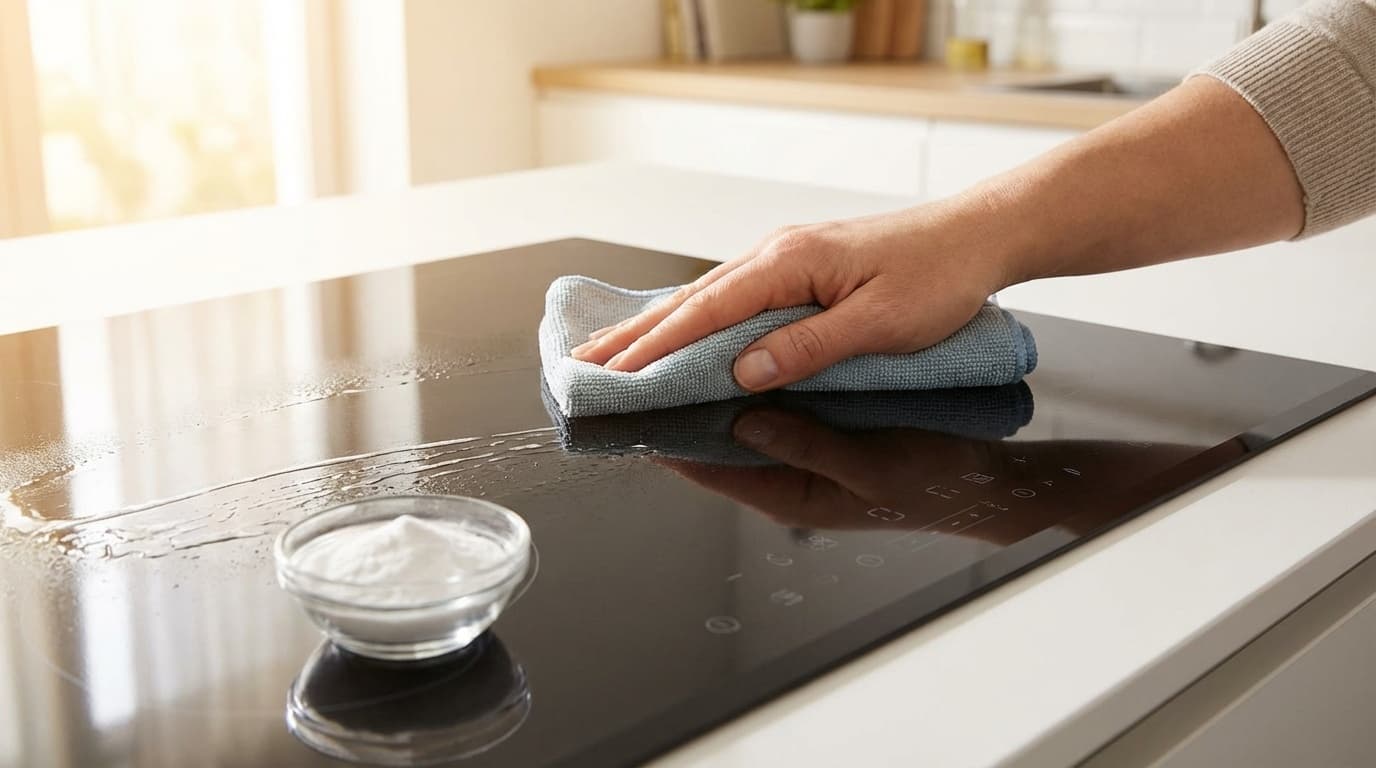 IHクッキングヒーターのガラストップを布で拭き掃除している様子
