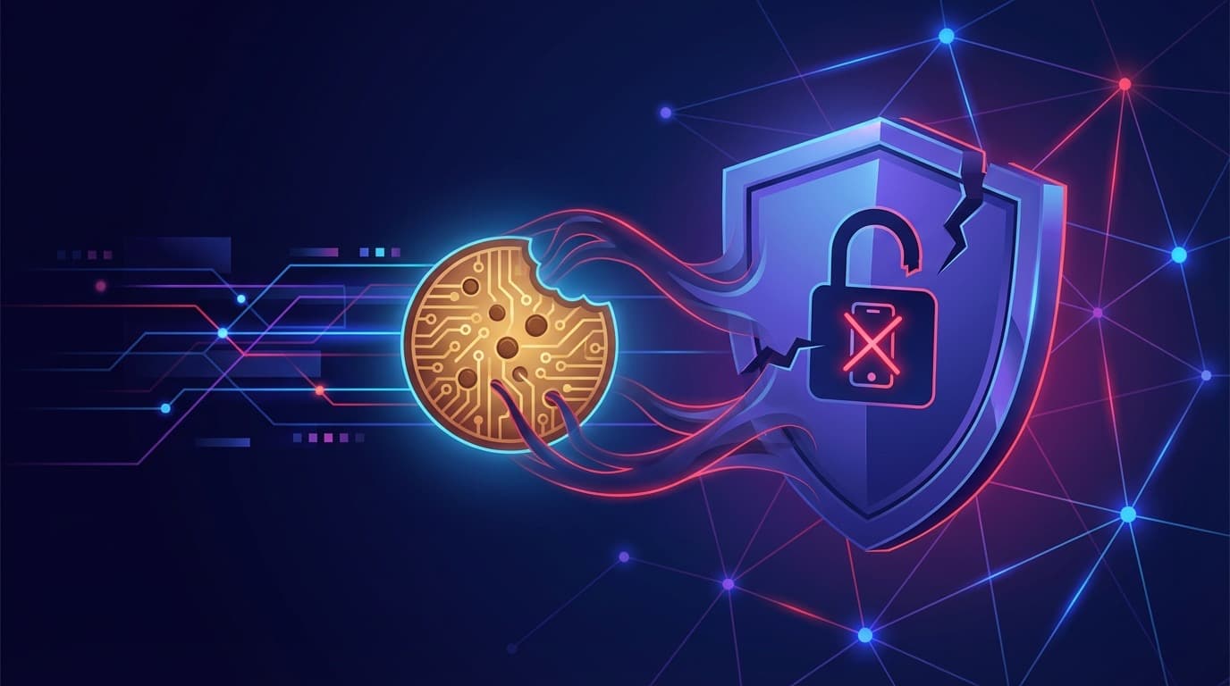 セッションCookie窃取とMFAバイパスを表す、割れたシールドとデジタルCookieの抽象的サイバーセキュリティイラスト