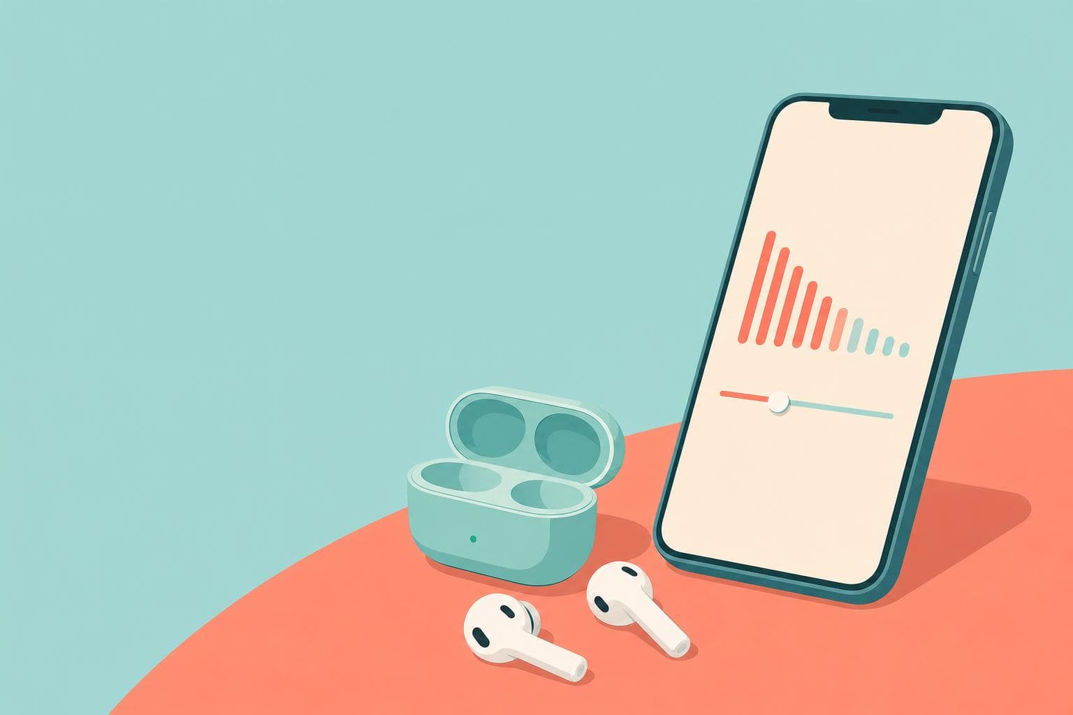 iPhoneとワイヤレスイヤホン、小さくなっていく音量バーのイラスト