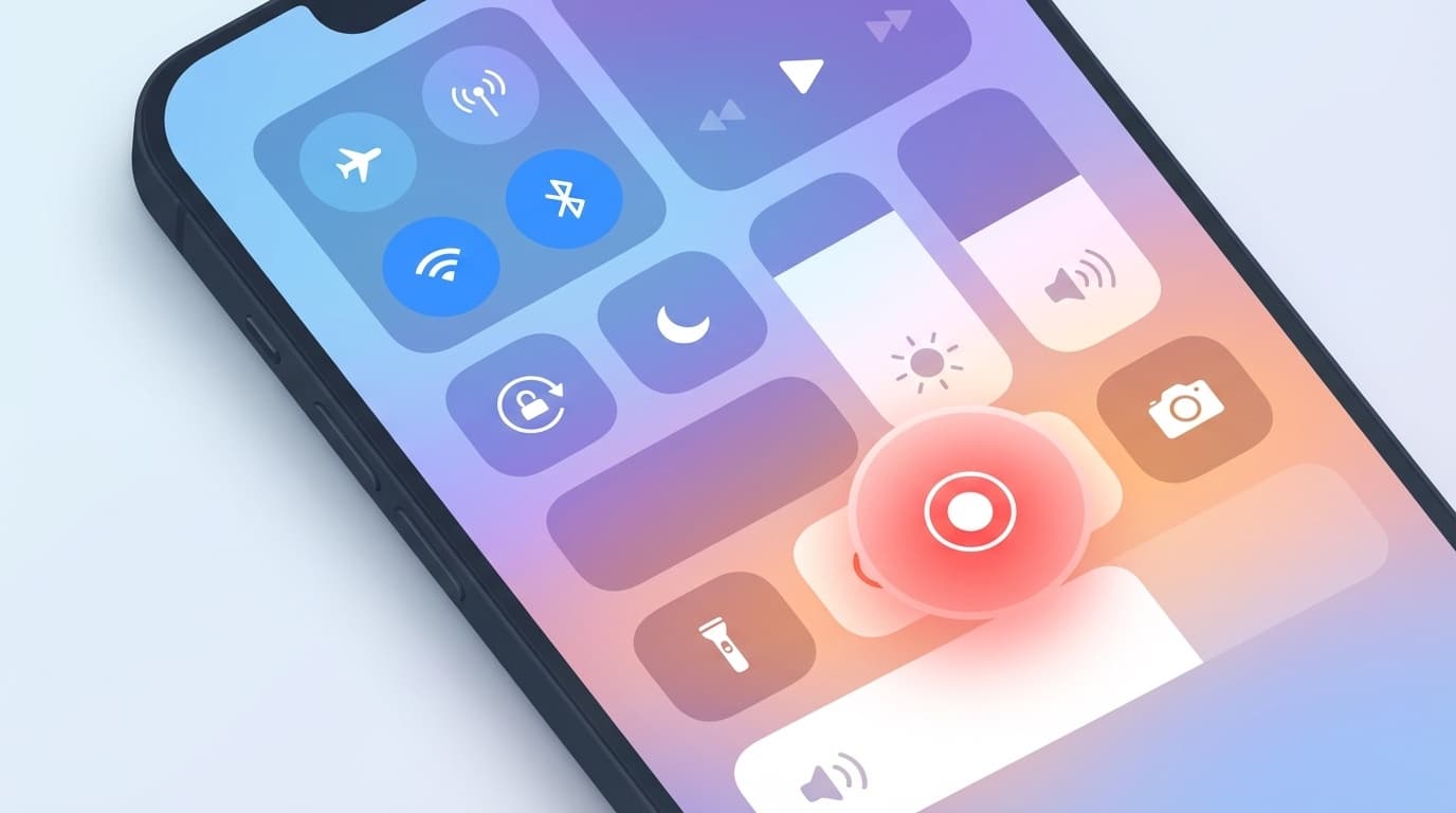 iPhoneのコントロールセンターで画面収録ボタンを追加する操作イメージ