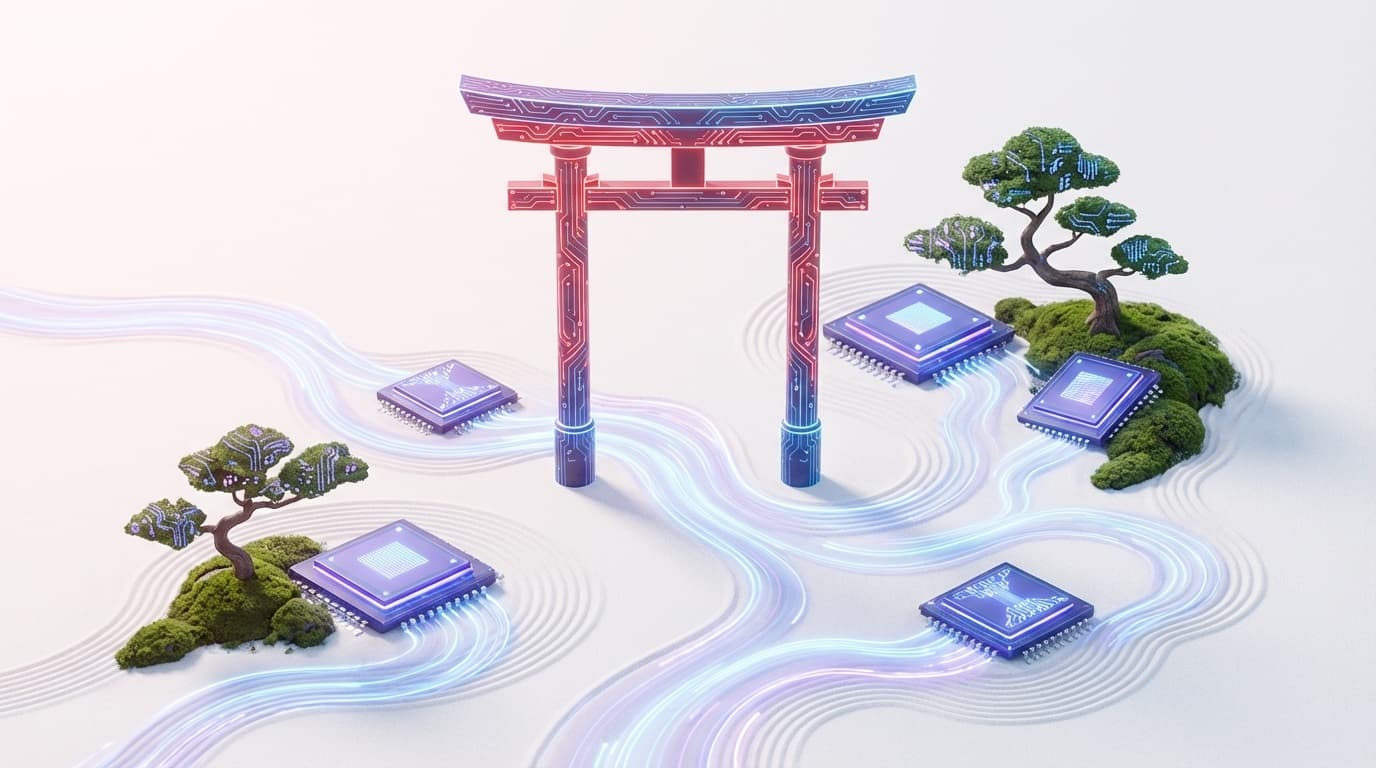 日本のAIガバナンスを象徴する、禅庭園とデジタル技術が融合した抽象的イラスト