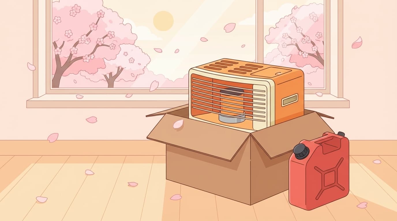 石油ファンヒーターを段ボール箱に収納して保管する様子のイラスト