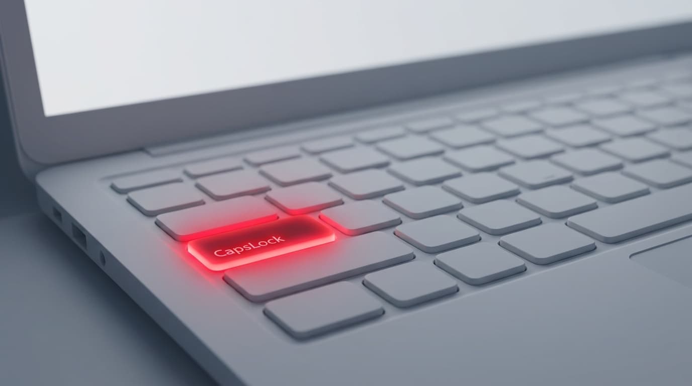 CapsLockキーが赤く光っているノートパソコンのキーボード