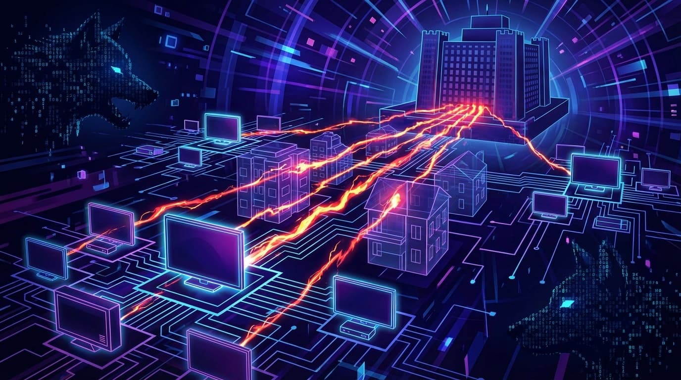 Kimwolfボットネットの脅威を表現した概念図:IoTデバイスから企業ネットワークへの悪意あるデータ流出