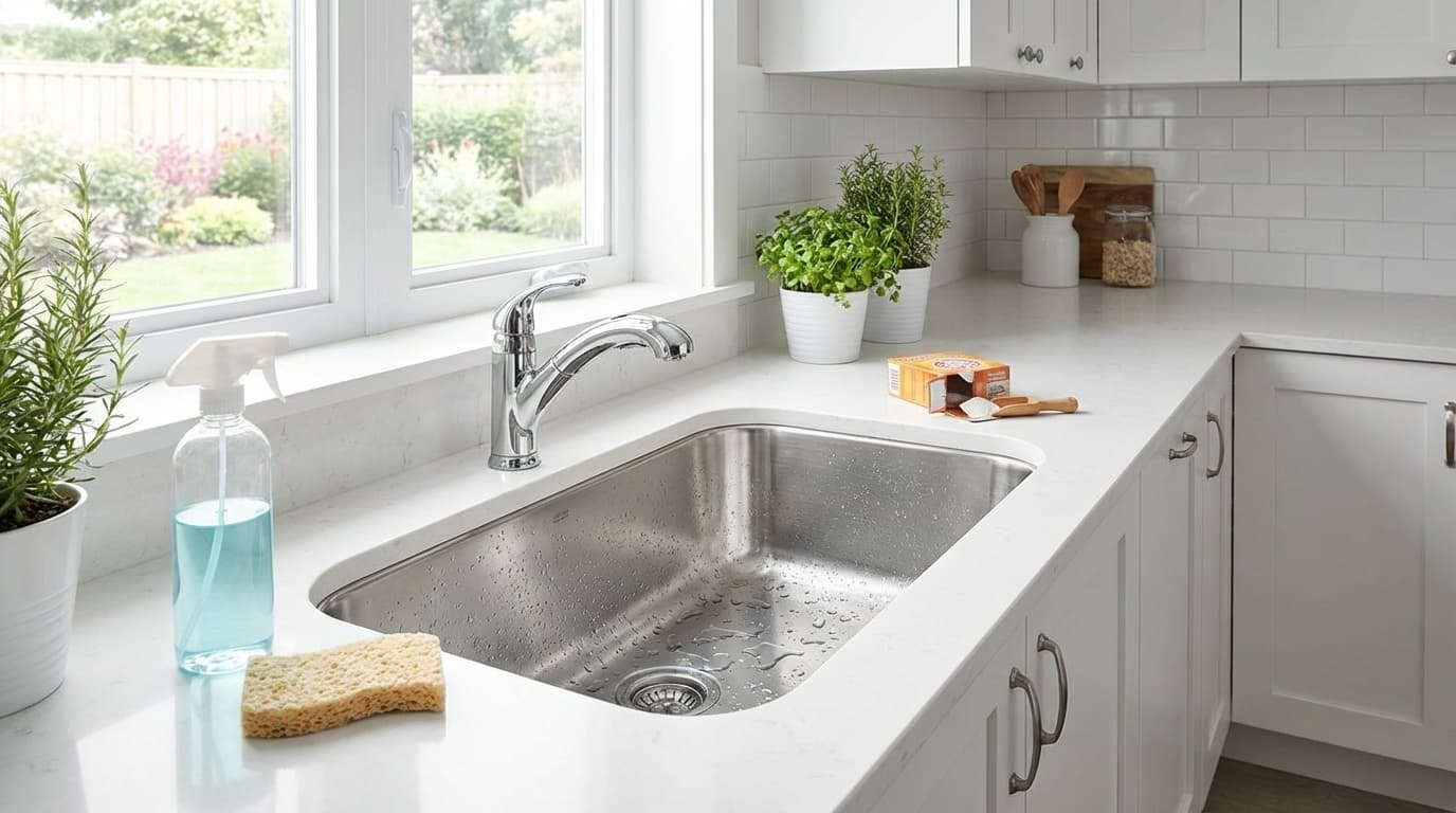 キッチンのステンレスシンクと掃除道具