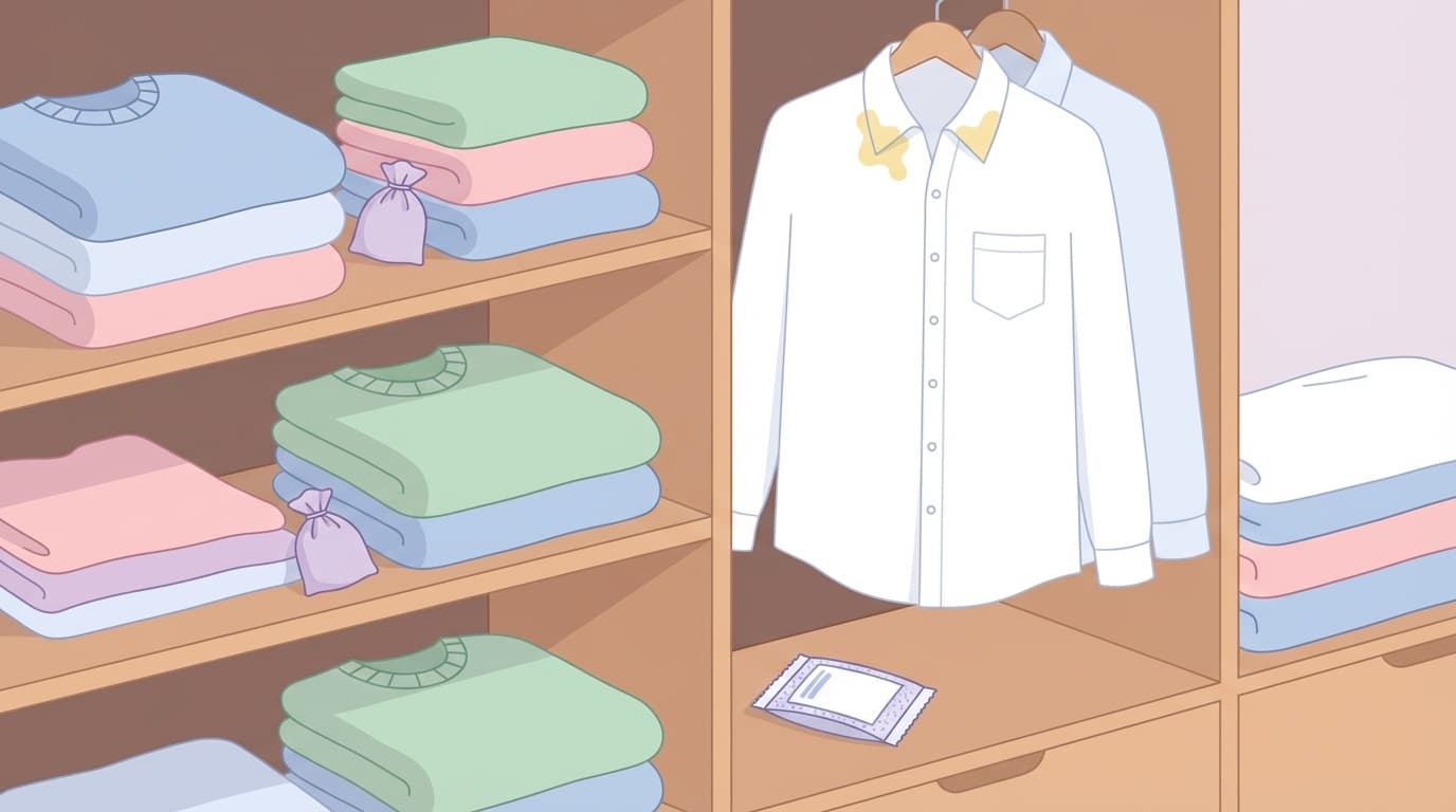 衣替えの衣類収納イメージ:整理されたクローゼットと黄ばんだシャツ、除湿剤