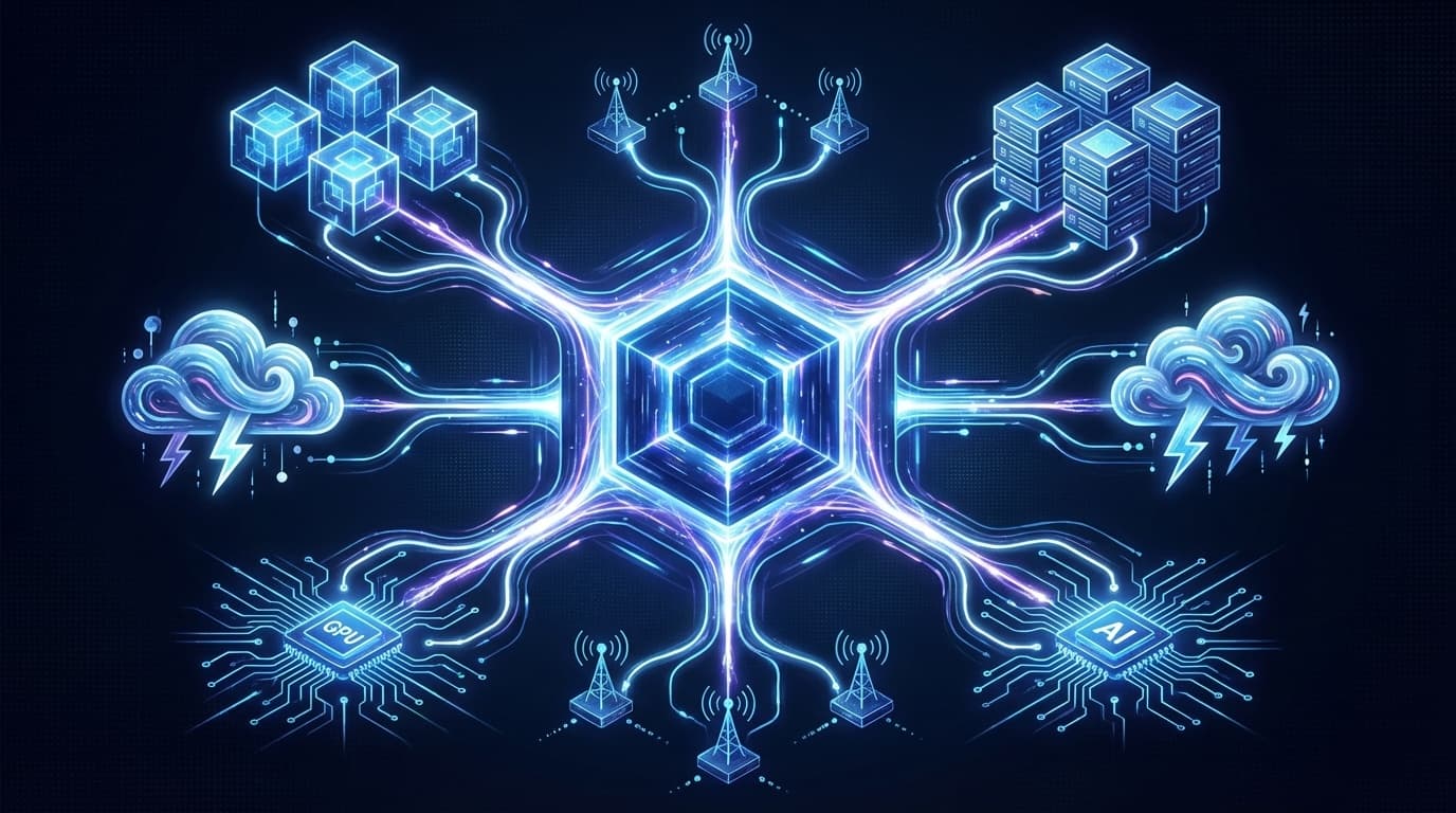 Kubernetesのユニバーサル制御プレーンを象徴する六角形ハブとワークロードのデジタルイラスト