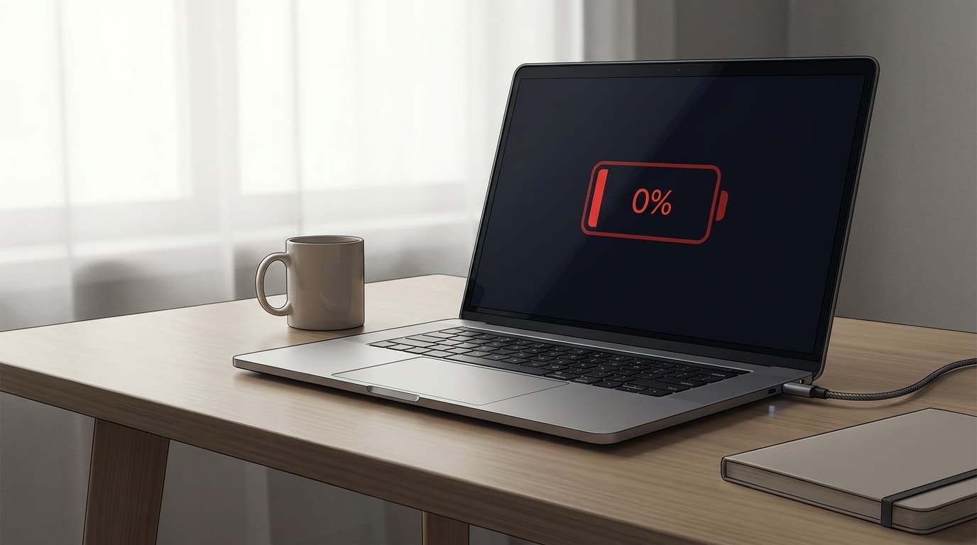 ノートパソコンが充電できないトラブルのイメージ——ACアダプターが接続されたノートPCの画面にバッテリー0%のアイコンが表示されている